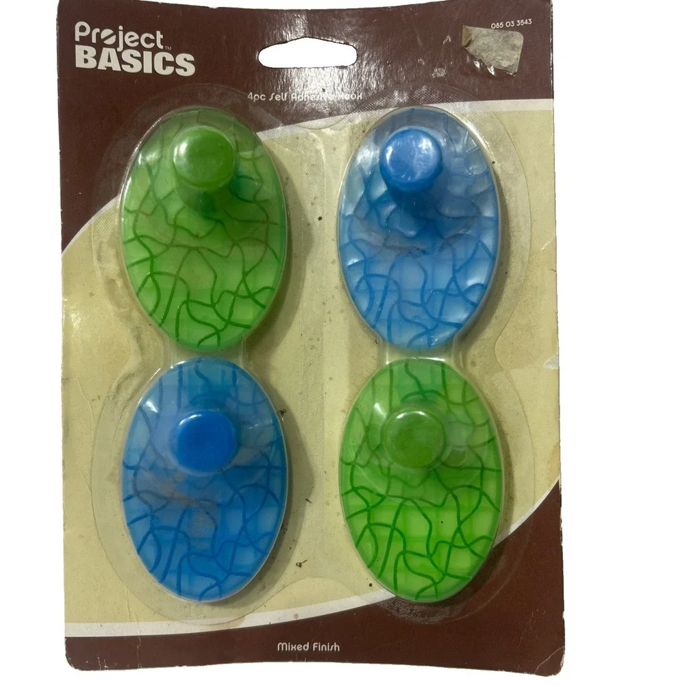 4 Pc Self Adhesive Hooks Vintage Green Blue Cracked Glass Style Geometric